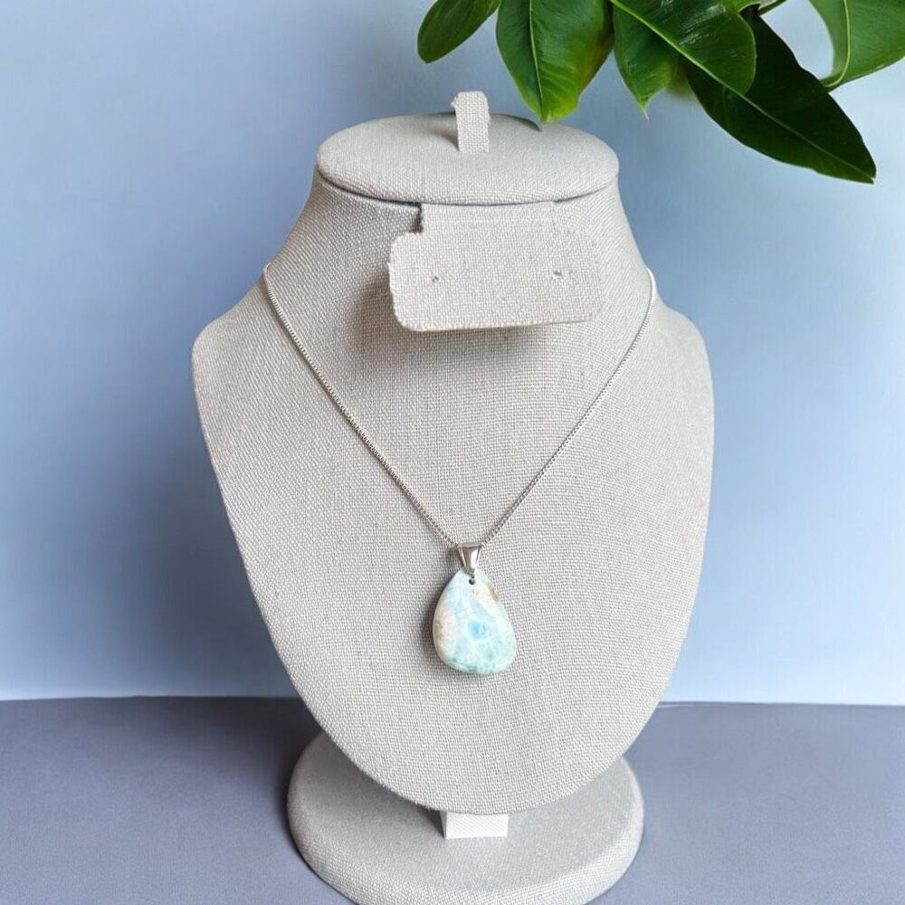 Natural Larimar Gemstone Pendant with Delicate Box Chain Necklace (#1)‎
